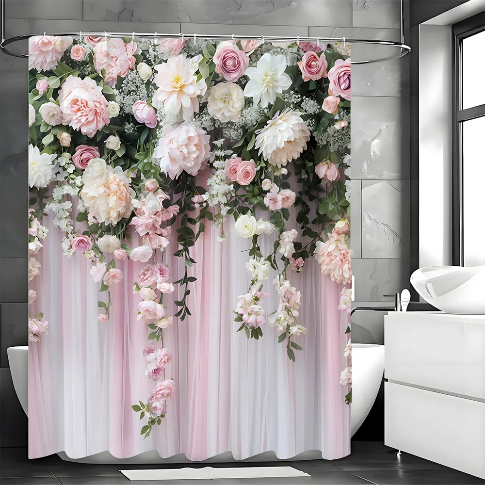 Charming Floral Shower Curtain for a Romantic Bathroom, Featuring Cascading Pink and White Flowers with Lush Greenery.