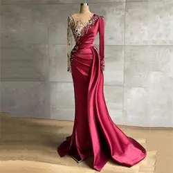 Elegant Red Women Evening Dresses V-Neck Long Sleeves Pleat Customized Prom Gowns Sexy Sequin Bead Princess Vestidos De Noche