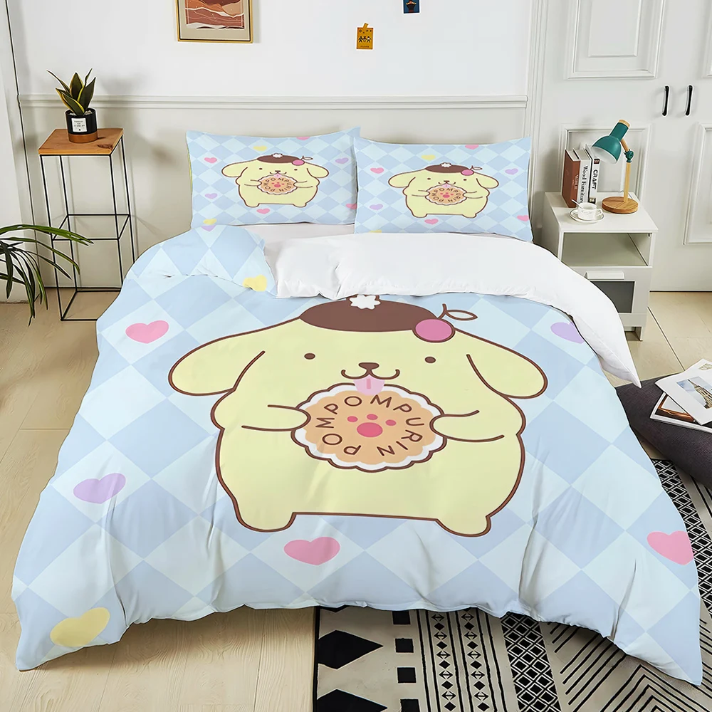 Sanrio Pom Pom Purin Prient 3PC Bedding Set Duvet Cover 1 Duvet Cover 2 Pillowcases Adult and Kids Bedding Set Luxury Girl Gifts