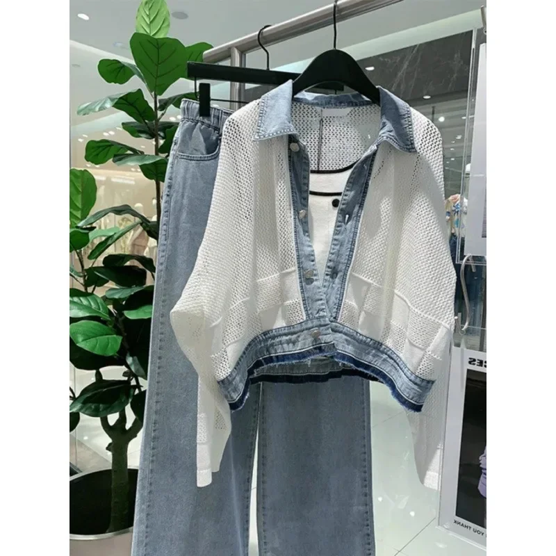 2025 ملابس الشارع النسائية معاطف الموضة الدنيم المرقعة الجوف التلبيب زر قميص بأكمام طويلة Y2k أبلى سترات فضفاضة غير رسمية #2