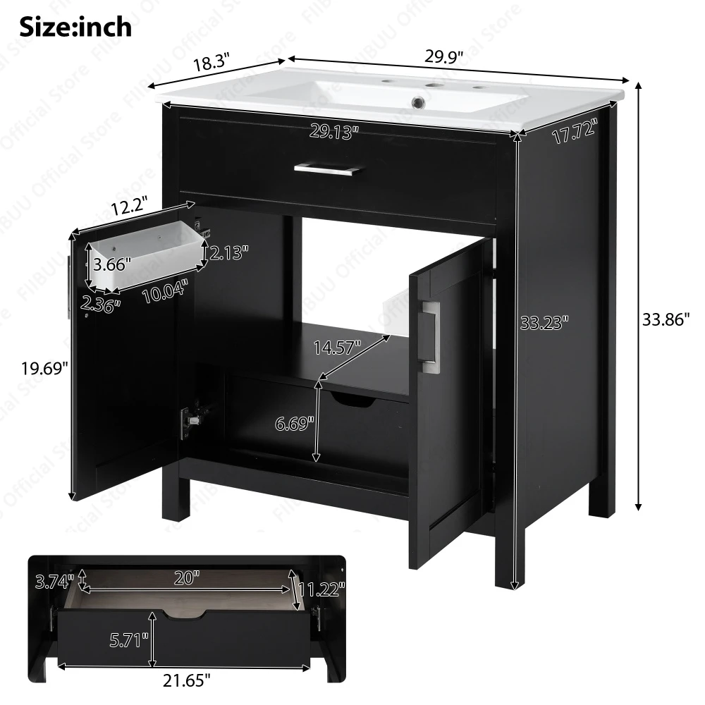 30" Small Bathroom Vanity Sink Soft Close Doors Cabinet Storage Undermount Ceramic Sink Organizer Cabinet for Compact Bathroom - view 6