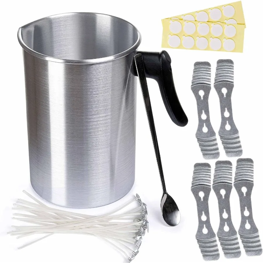 

Набор принадлежностей для изготовления свечей, 101 унции, алюминиевый плавильный горшок для свечей, устройство для центрирования фитиля, наклейка на фитиль и ложка для смешивания свечей