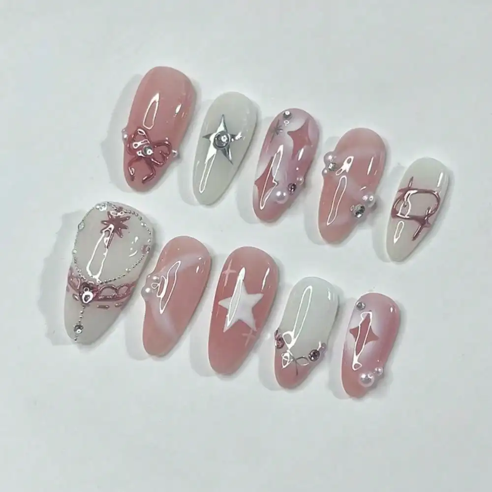 

24Pcs Y2K Almond Star Bow Pink White Gradient Press On Nails Sweet Cool Style DIY Manicure