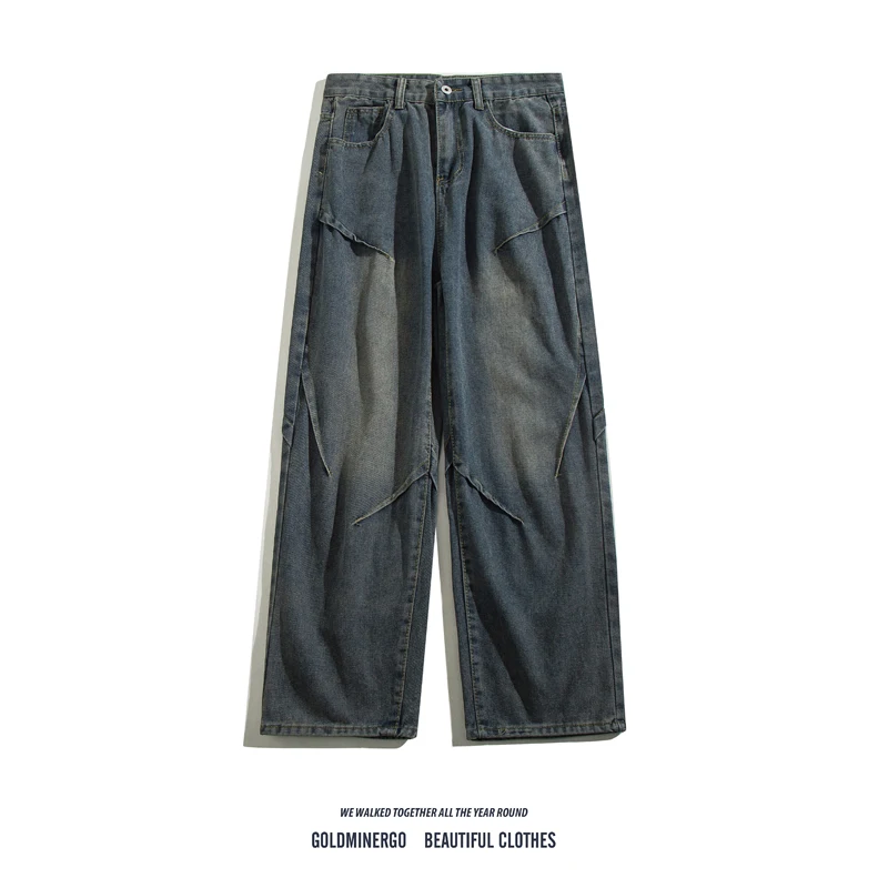 

Мужские джинсы в японском ретро-стиле, повседневные, широкие, с эффектом потертости, с дизайнерскими вставками, свободного прямого кроя, длинные брюки, модные, молодежные