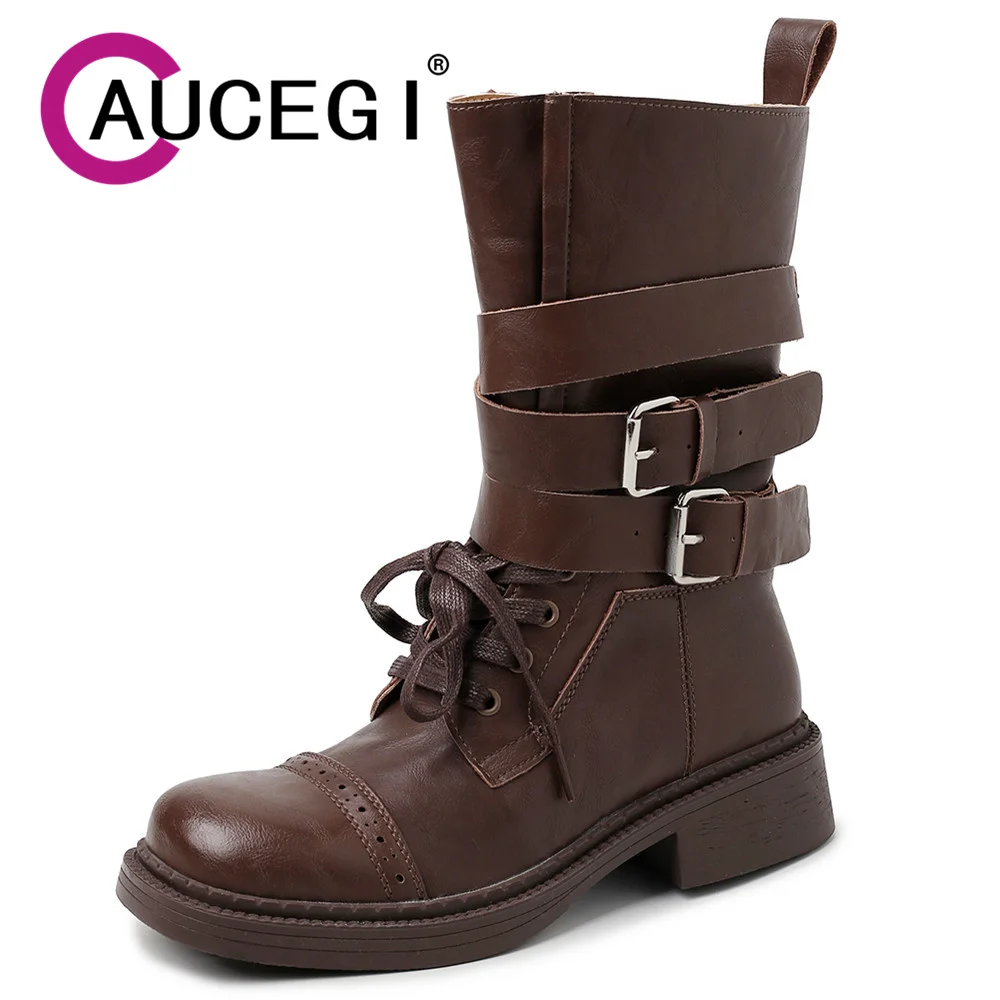

Aucegi Fashion Quality Microfiber Motorcycle Mid-Calf Boots Round Toe Comfy Thick Heels Lace Up Buckle Belt Commuter Casual Shoe