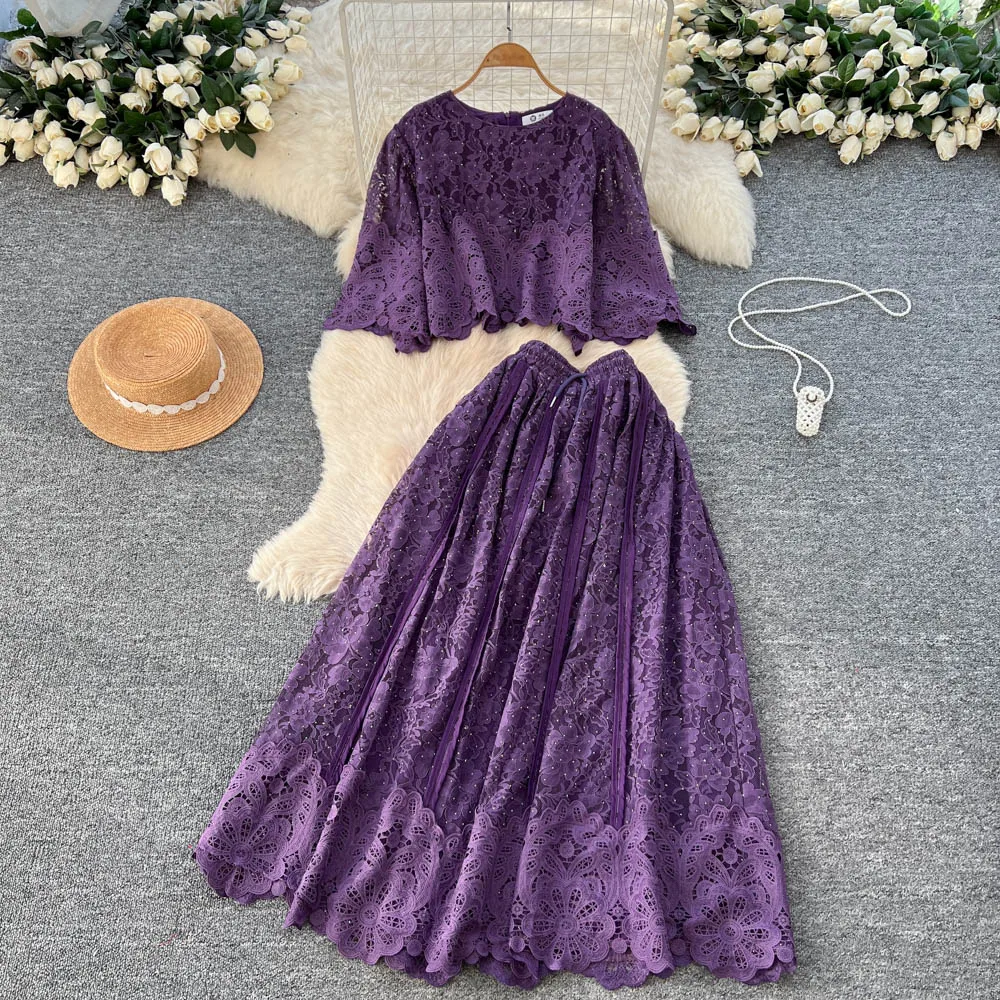 

Chic Vintage rhinestone lace Elegant High Waist Korean Fashion Vestidos Two Piece Set women clothing