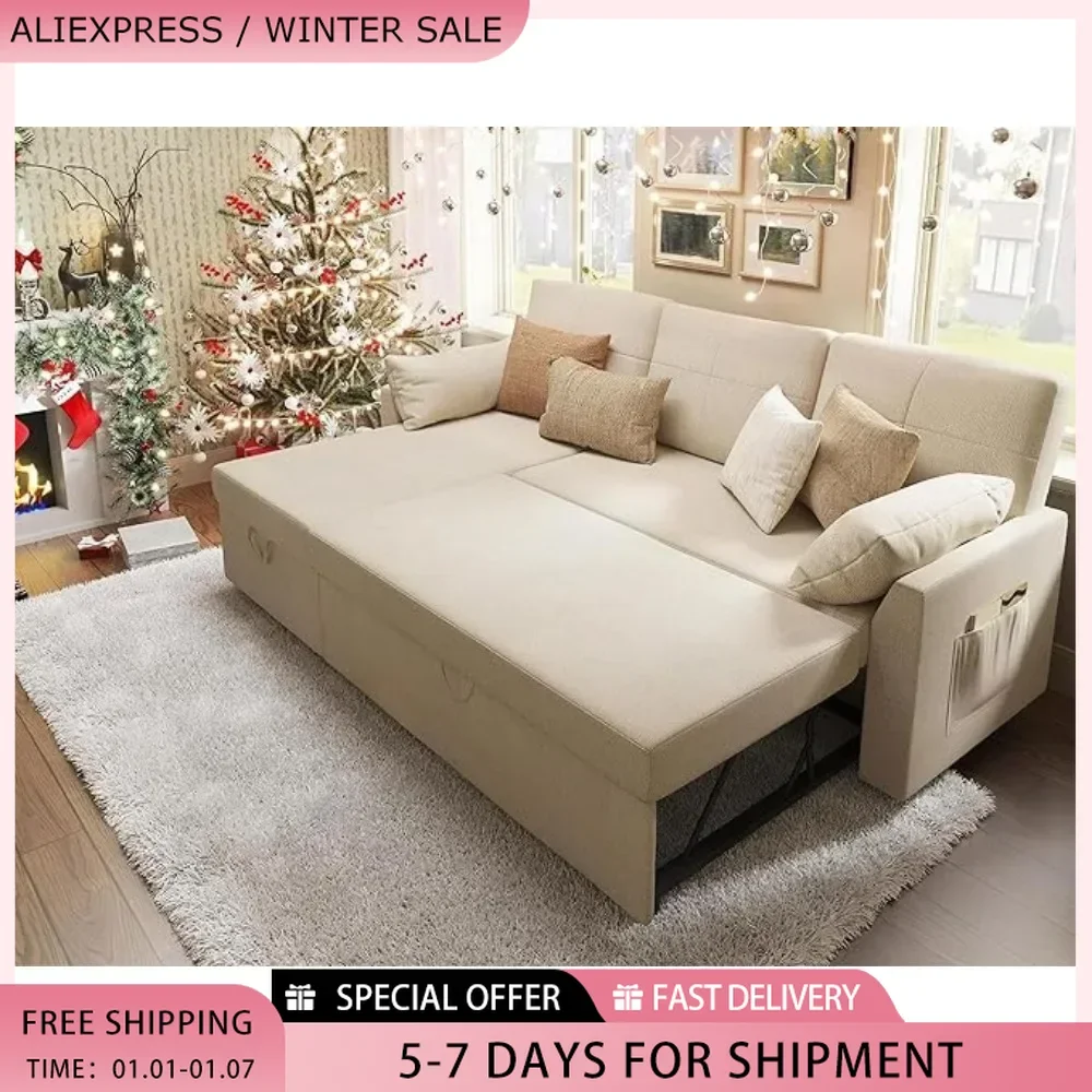 Sleeper Sofa,Sofa Bed- 2 in 1 Pull Out Couch Bed with Storage Chaise for Living Room,Beige Chenille Couch living room furniture