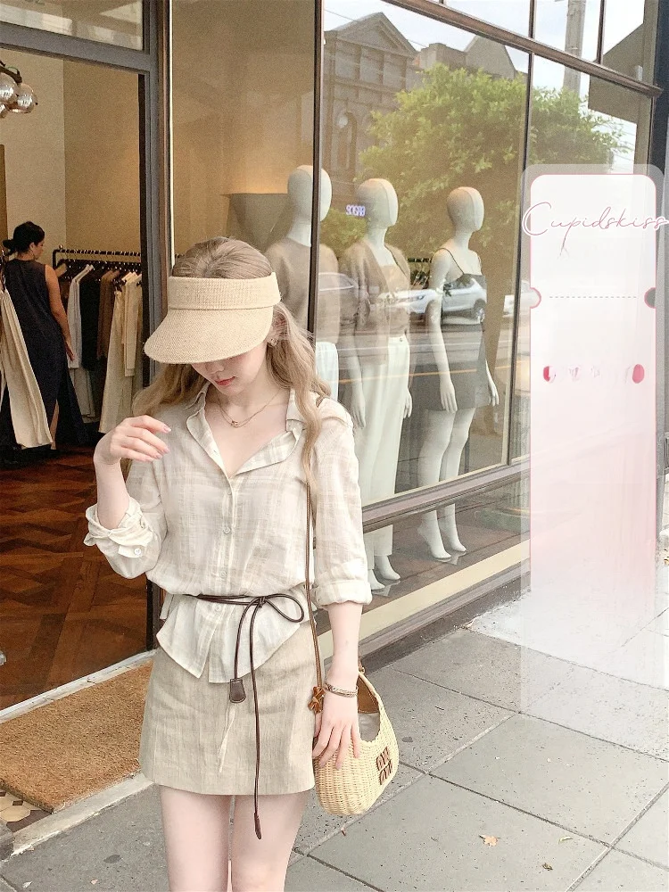 

Легкий комплект из хлопка и льна CSK Cupid: солнцезащитная рубашка и укороченная юбка, свободный крой, длинный рукав, клетчатый узор.