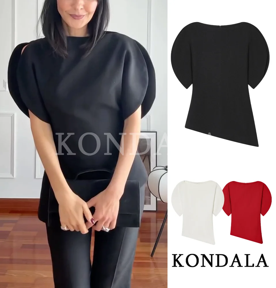 

KONDALA Elegant Chic Puff Sleeve Top Women O-Neck asymmetric Hem Short Sleeve Top 2026 Spring Summer Trendy Female Commute Tops