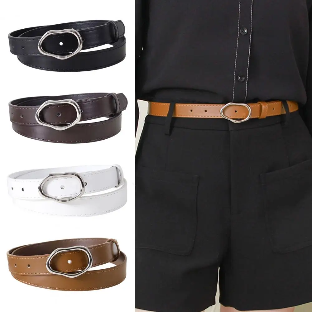 حزام نسائي من الجلد المقلد بإبزيم دبوس حزام خصر أنيق من الجلد المقلد مع بيضاوي فريد لفستان لأي