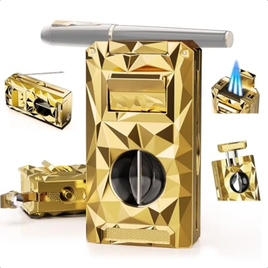 

Зажигалка с тройным фонариком 5 в 1 с V-образным резаком, держатель для удара, инструмент для улучшения рисования, ветрозащитное пламя, подарки для мужчин, многофункциональный Acco