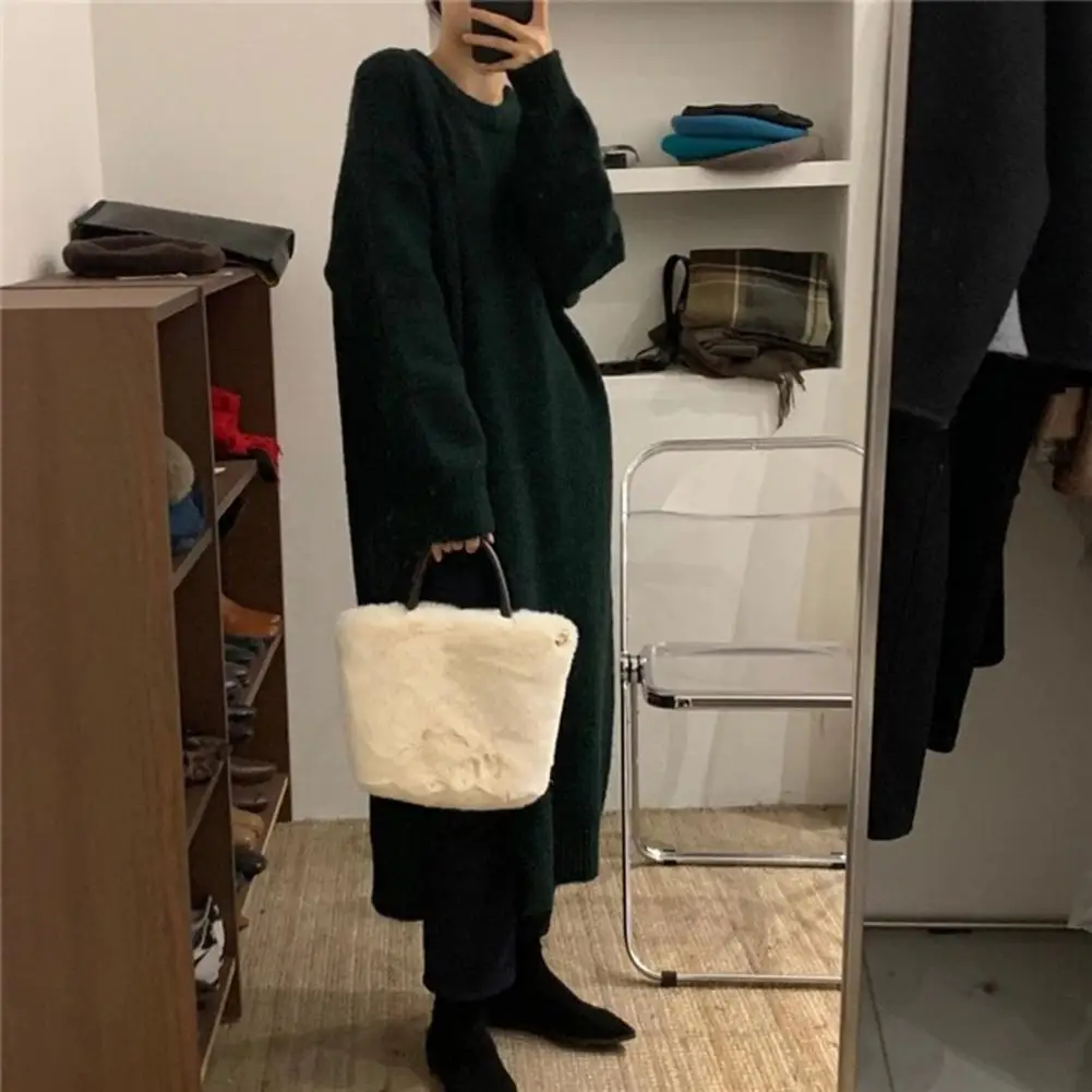 Knitting Sweater 3D Cutting Sweater Dress Long Sleeve Women Mid-calf Length Side Split Hem Pullover Sweater Anti-freeze