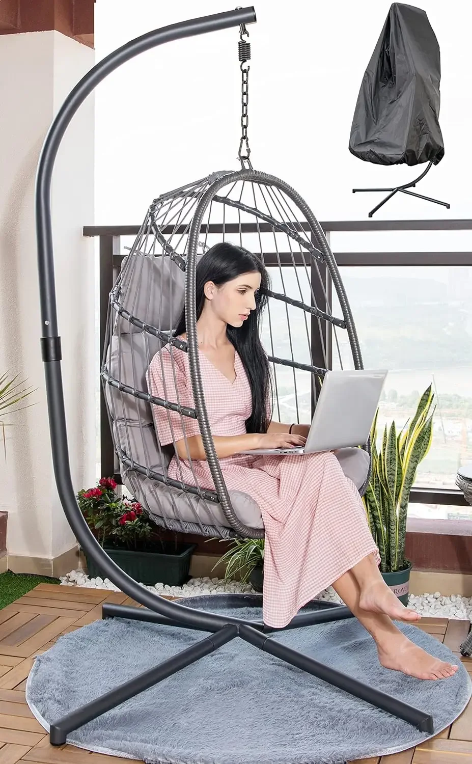 

Egg Chair with Stand and Oxford Cover, 450lbs Capacity Patio Wicker Hanging Swing Chair with UV Resistant Cushion and Foldable