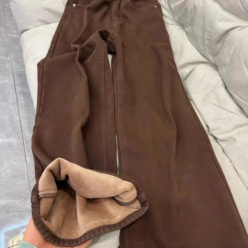 

Maillard Brown Velvet Thickened Wide-leg Jeans Women's 2025 Autumn and Winter High-waisted Loose and Thin Straight-leg Pants