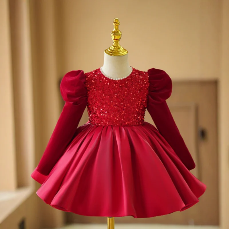 

Girls Fashion Beading Sequins Design Birthday Princess Ball Gown Children Wedding Performance Dress y1724