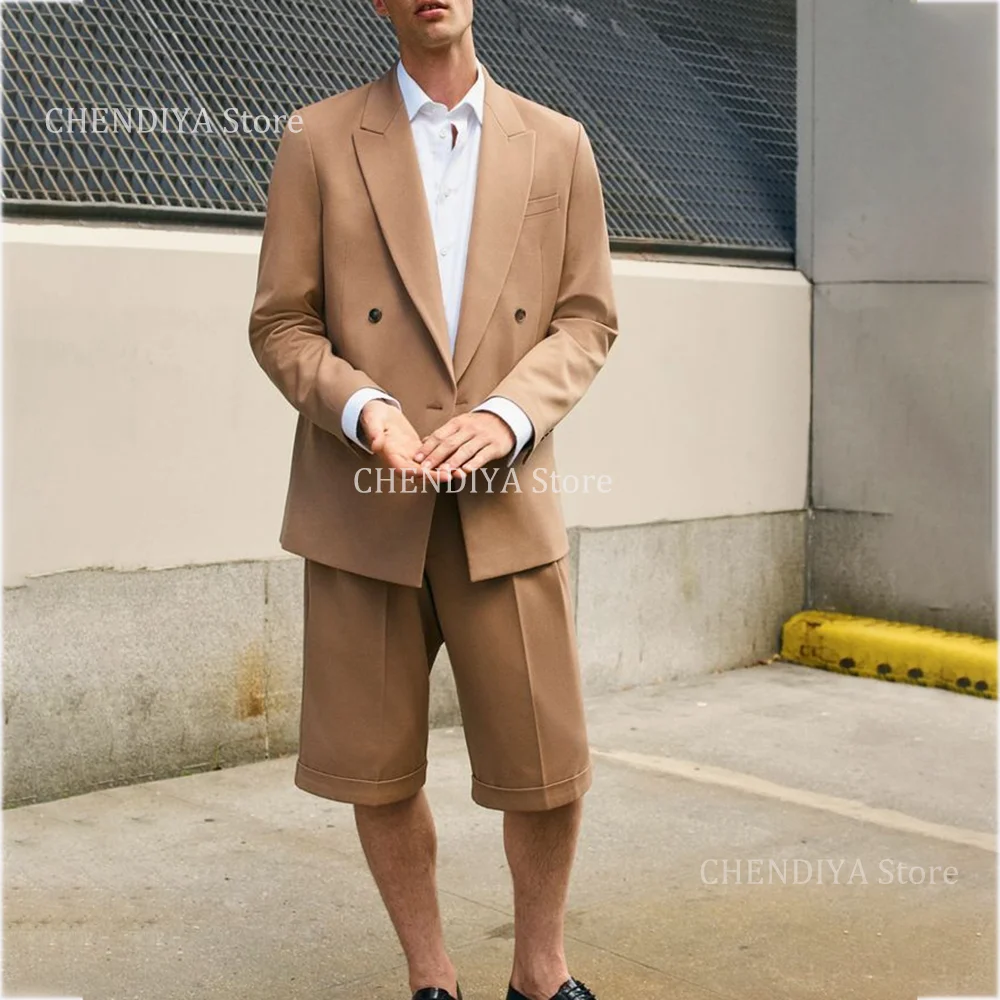 

Fashion Casual Men's Suits Double Breasted HIP HOP Style Loose Fit 2 Piece Daily Party Male Chic Outfits Jacket With Short Pants