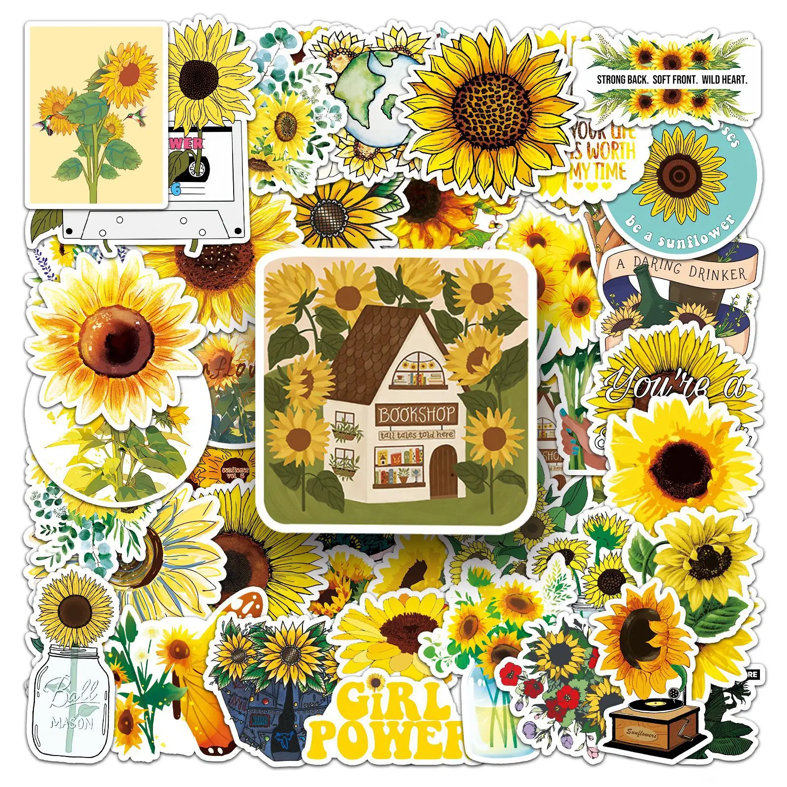 50PCS Sunflower Flower Cartoon Style Graffiti Decorative Water Cup Skateboard Laptop iPad Waterproof Stickers Kids Toy