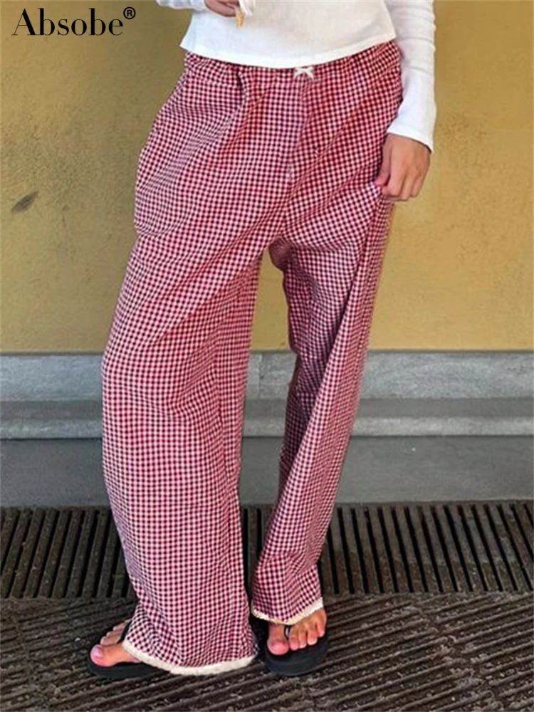 

Absobe Y2K Bow Spliced Lace Plaid Loose Casual Pants Women Elastic Waist Wide Leg Trousers 2024 Autumn New Sweet Streetwear