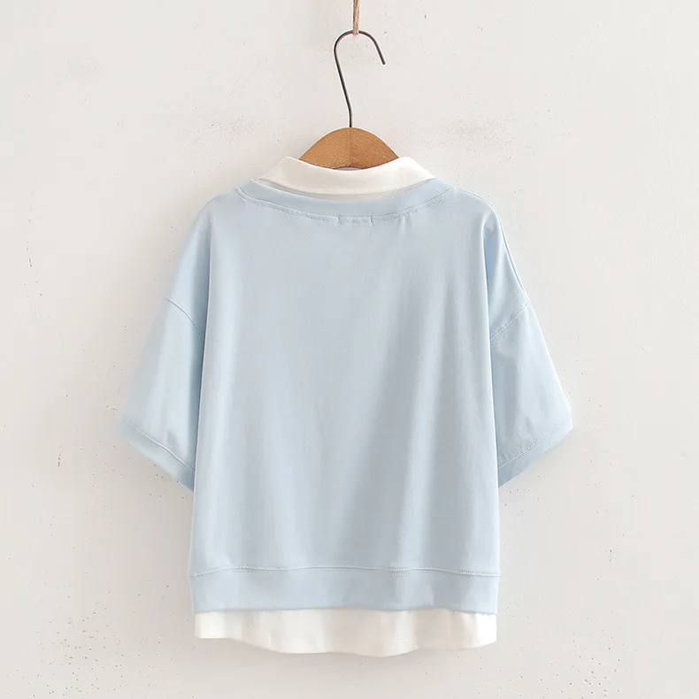 جديد 2025 الصيف القطن قصير الأكمام وهمية 2 قطعة تي شيرت ، المرأة التلبيب التطريز ، موري فتاة الحلو OL عادية فضفاض المحملة T56047CC