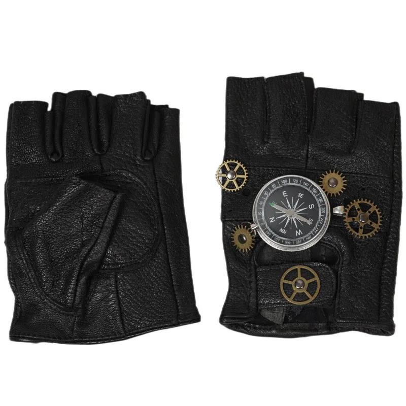 Medieval Men Women Steampunk PU Leather Compass Gloves Fingerless Fashion Hip Hop Punk Gloves Half Finger Gloves Cosplay Prop