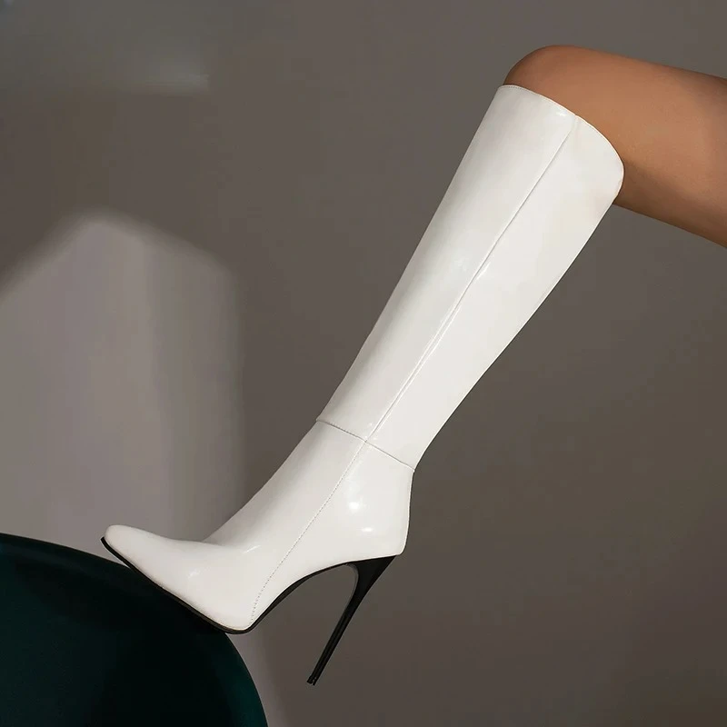 Women Knee High Boot Sexy Pointed Tip High Heeled Boots for Woman Luxury Patent Leather Stretch Boots Designer Shoes Botas Mujer
