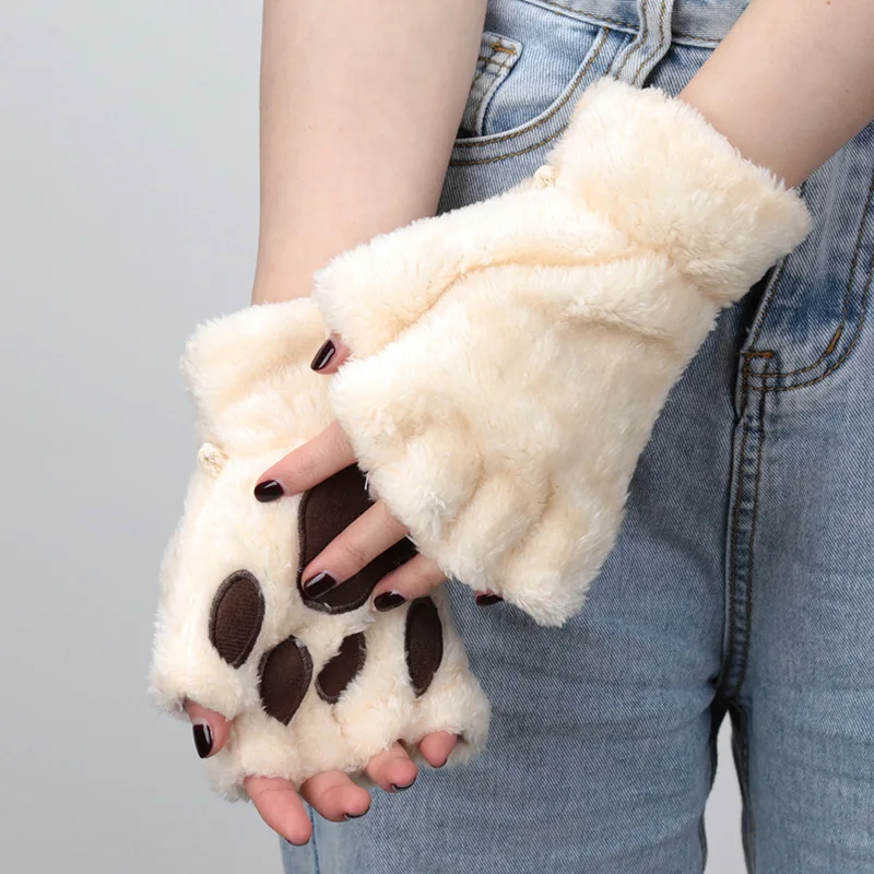 Frauen Cartoon Katze Klaue Handschuhe Verdickt Plüsch Schöne Stil Bärentatze Ausgesetzt Finger Halb Winter Fäustlinge Warme Mädchen Geschenk Handschuhe