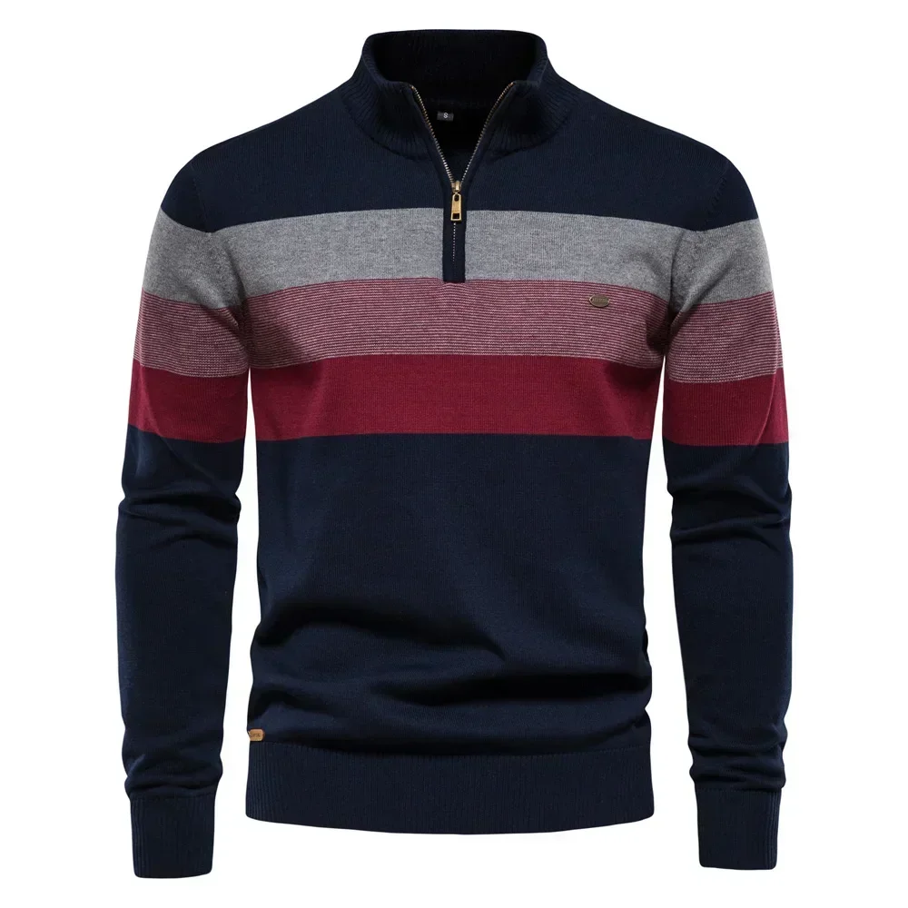 Autumn Winter Men's Sweater Half High Collar Color Matching Stripe Pullover High-quality Male Business Casual Knitwear Sweaters