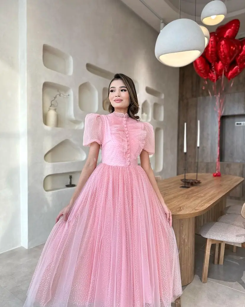 

Vintage Pink Tulle Prom Dresses High Neck Short Sleeves Buttons A-Line Women Evening Dresses 2023 Party فساتين مناسبة رسمية