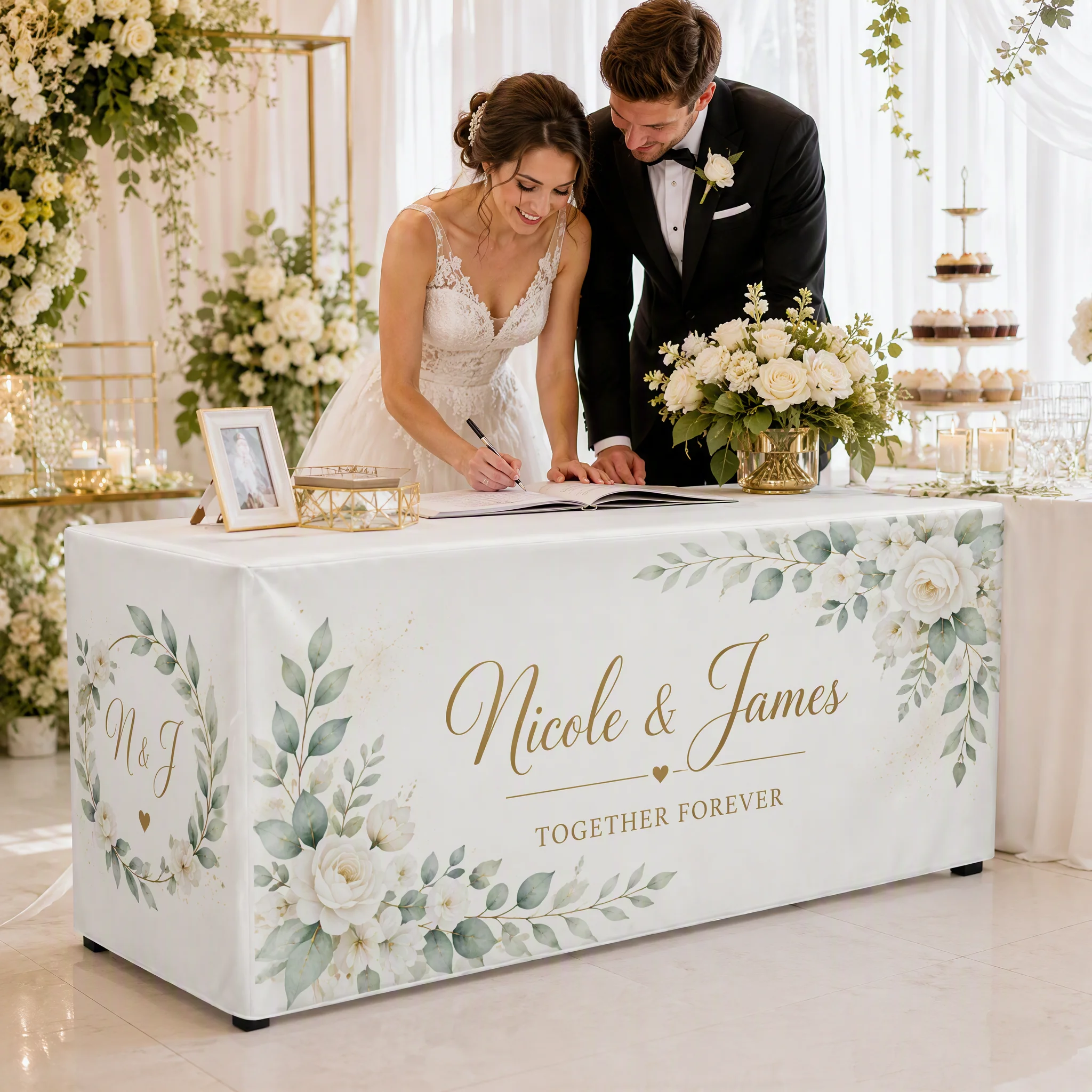 Personalized Wedding Table Cover Custom Name Floral Tablecloth Reception Dessert Table Skirt Decoration Party Decor