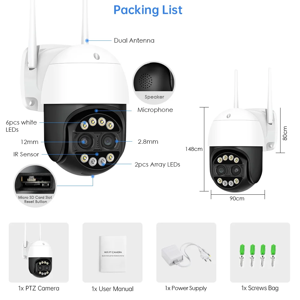 ANBIUX-Câmera de Vigilância Doméstica Inteligente, PTZ, IP, Zoom 8x, Lente Dupla, Detecção Humana, CCTV, WiFi, Ao Ar Livre, ICSEE, 8MP