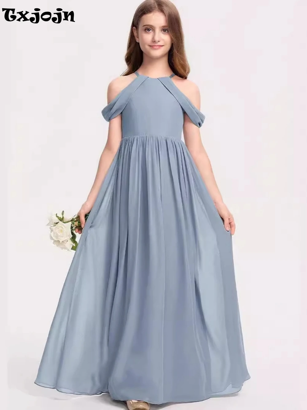 2024 Simple Elegant A-line Chiffon Long Violin Performance Off The Shoulder Sleeveless Gown For Kids School Activities