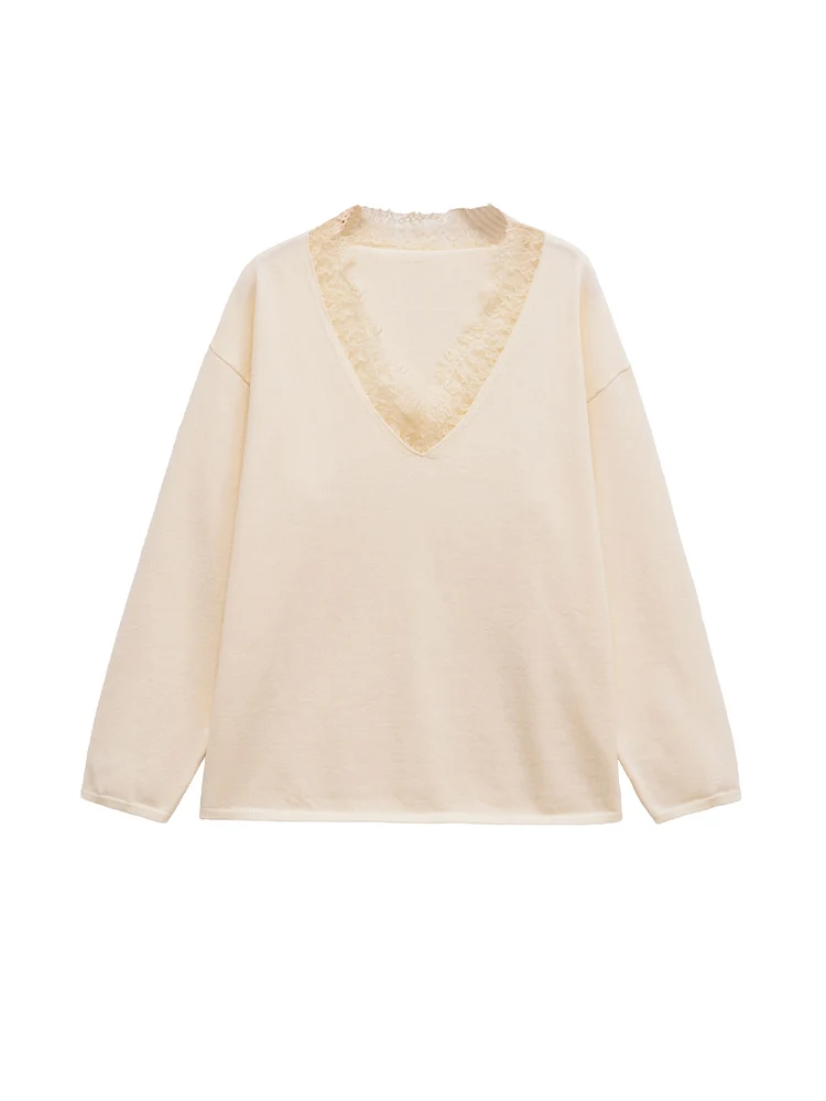 

Европейский и американский стиль, осень 2021, новые поступления, женская одежда, универсальный свитер с длинными рукавами из смешанного кружева с v-образным вырезом