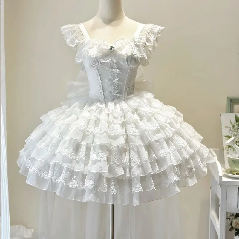 Robe japonaise Kawaii Lolita Jsk pour femmes, élégante, avec nœud doux, en dentelle, à volants, Mini robe de princesse de mariage, robes de soirée gothiques Y2k pour filles