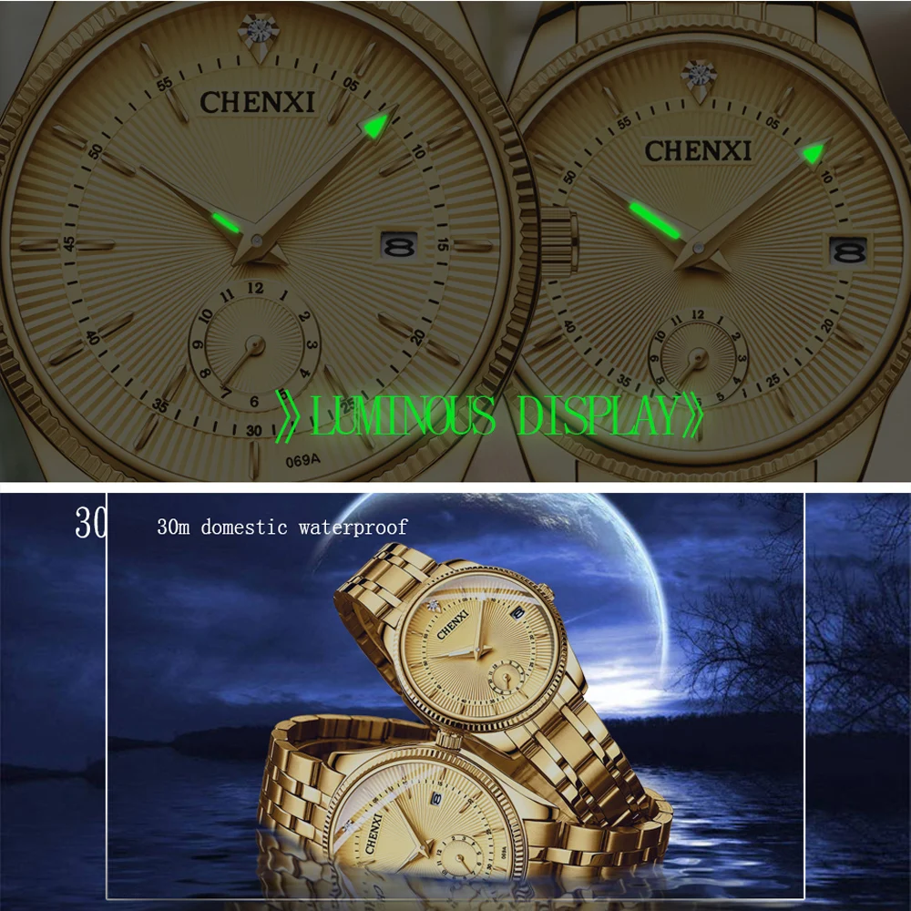 Reloj informal para parejas, reloj de cuarzo dorado de acero inoxidable para hombres y mujeres, reloj de pulsera luminoso resistente al agua