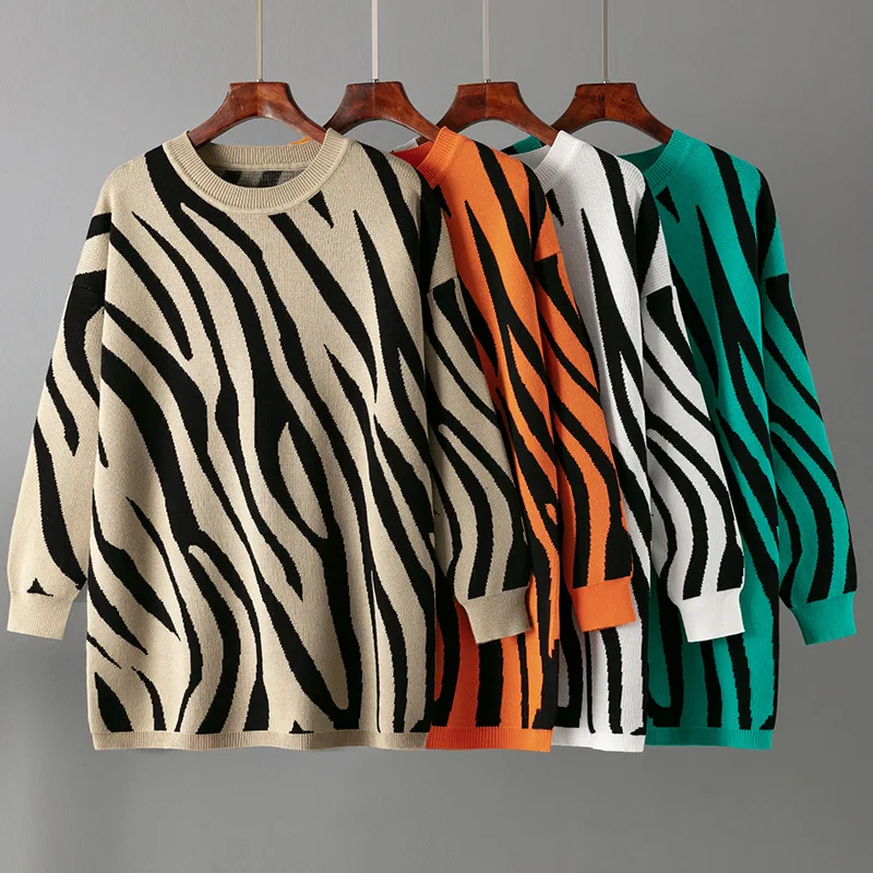 Women Pullover Sweater 2023 Autumn Winter New Fashion O-Neck Zebra-stripe Knit Loose Long Sleeve Female Bottom Shirt Free Size