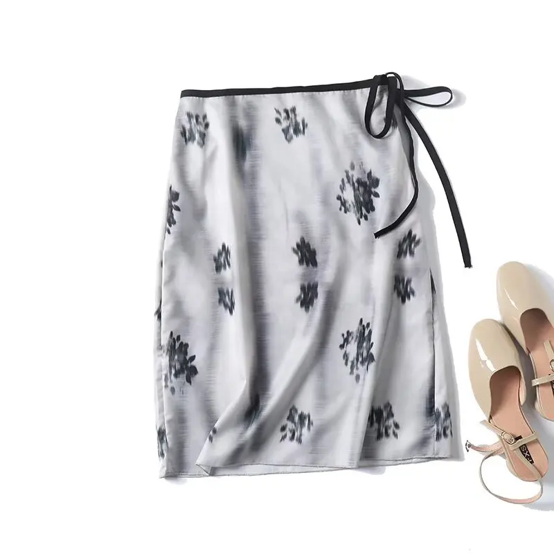 Jenny&Dave Minimalistischer und eleganter Wickelrock mit Tinte, französischer Landhausstil, Blumendruckrock, lockere Midiröcke für Damen