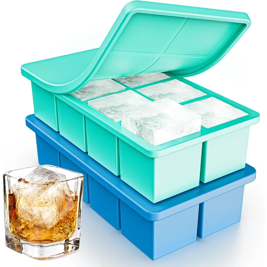 

Large Ice Cube Tray 2 Pack 2 Ih Silicone Ice Cube Molds for Whisky Cocktail Big Square Silicone Ice Trays With Lid Leak-Proof S