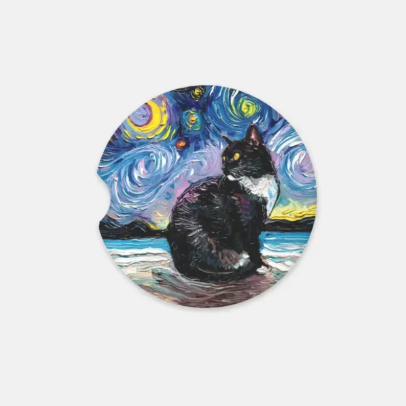 2pcs  Tuxedo Cat on Beach Starry Night Cat Artwork Car Interior Cup Holder Pad