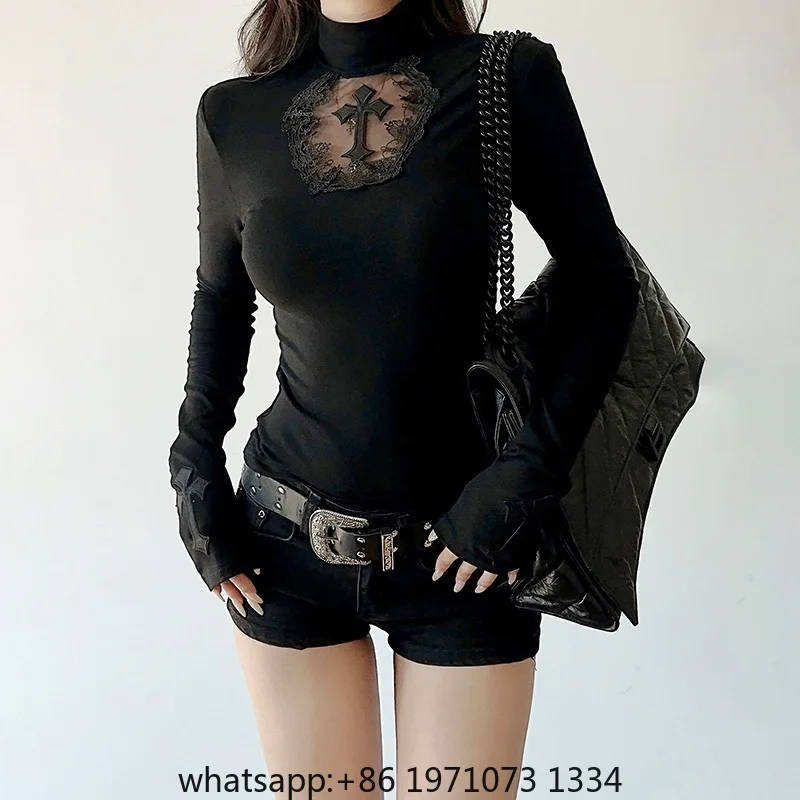 Goth Dark Elegant Fashion Mesh Patchwork Cross T-shirts Mall Goth Slim Turtleneck Pullovers Tops Women 90s E-girl Sheer T-shirt