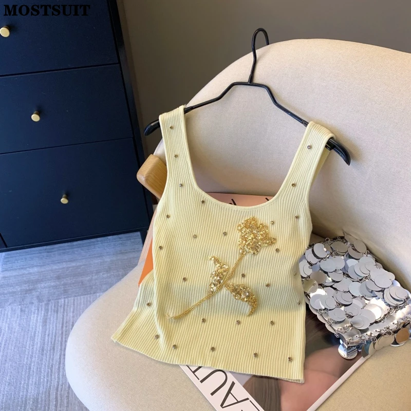 

Summer Slim Knit Sweater Vest Crop Tops Women Diamonds Beaded Stereo Flower Tees Knitwear Sleeveless U-neck Sexy Chic Jumpers