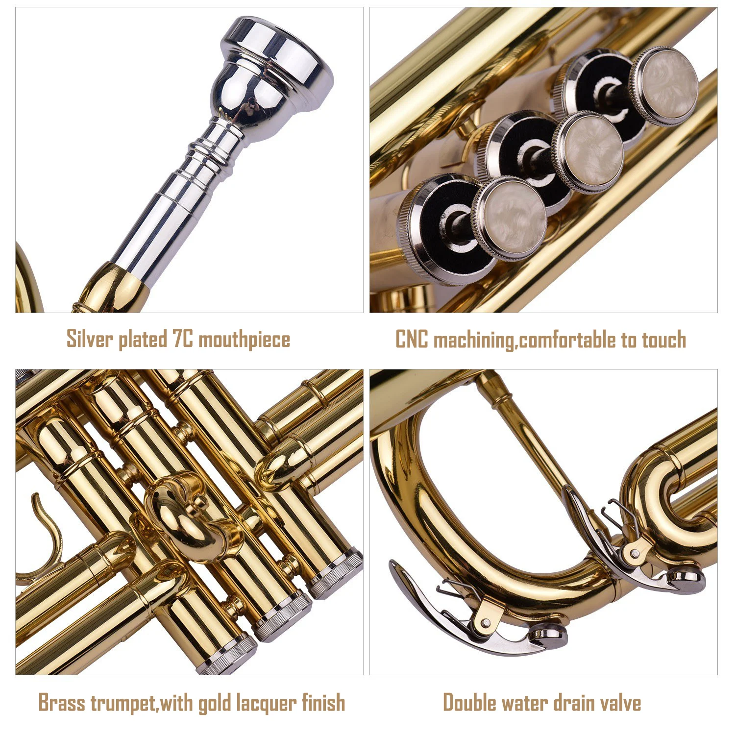 Hooqu Trumpet B Flat Standard Student Bb Key Brass Gold Lacquer Trumpet