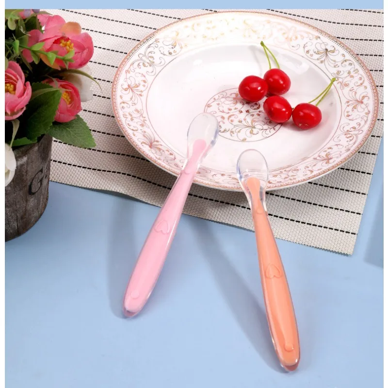 보관 상자가있는 아기 부드러운 실리콘 스푼 캔디 색상 온도 감지 스푼 어린이 식품 먹이 요리 피더 기기