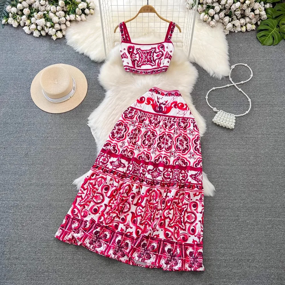 

2024 Runway Summer Holiday Red Blue And White Porcelain Print Twp Piece Set Women Spaghetti Strap Croped Tops + Long Skirt Suits