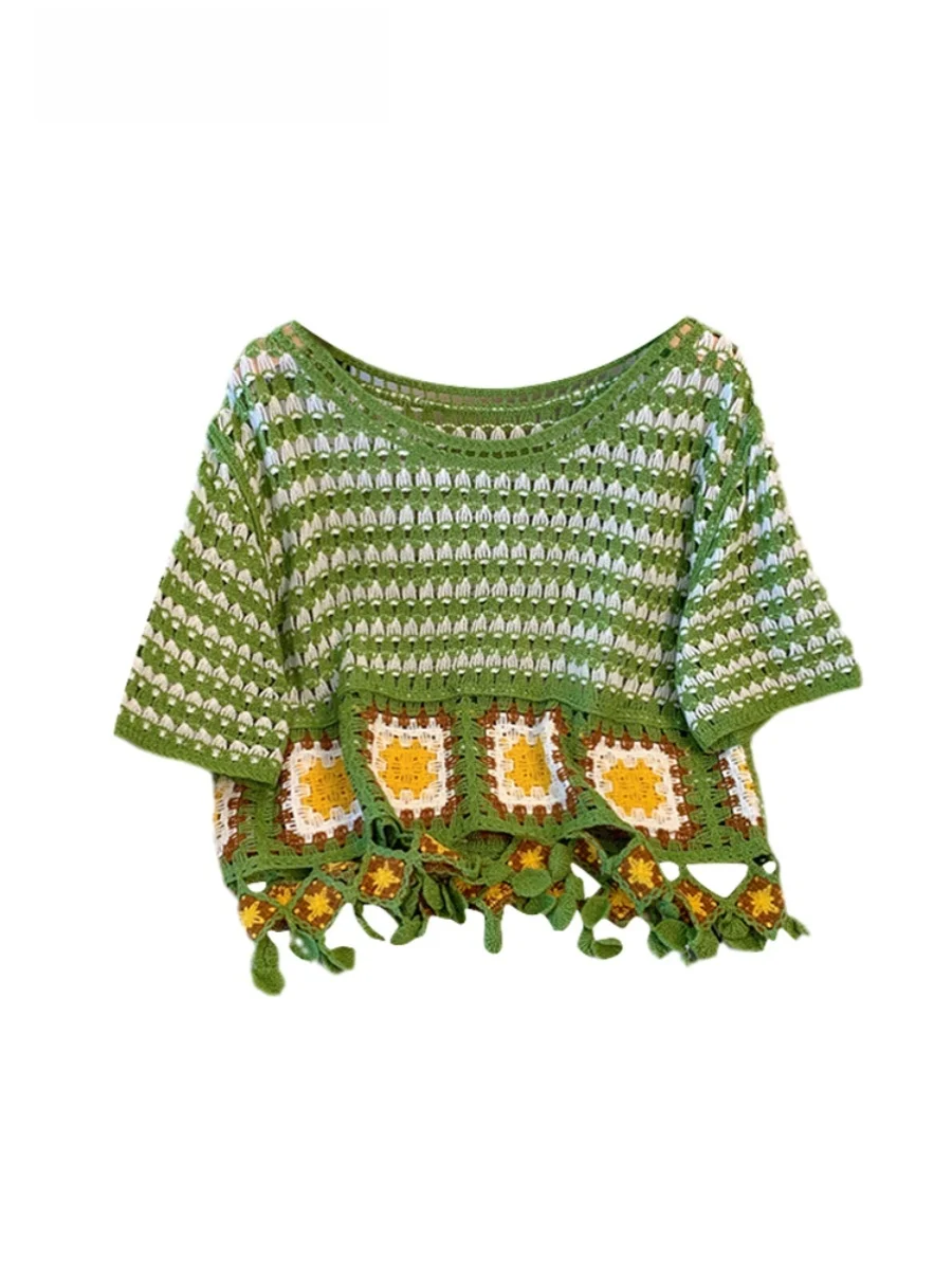 

Cara CLUB plus Size Hollow out Knitted Short Sleeve T-Shirt Women Summer Loose Slimming Chiffon Top Korean Style Commute
