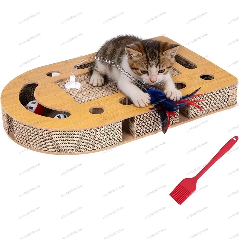 Wood Grain Cat Scratching Board with Track Ball Teaser Stick Corrugated Cardboard Claw Grinder Self Play Interactive Toy Anti