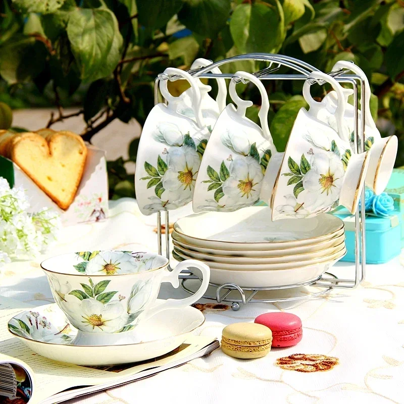 

European Coffee Cup and Saucer Set of 6 Pcs, British Bone China, Afternoon Flower Tea Set, Teaware Household Porcelain Drinkware