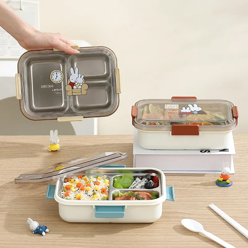 Kawaii Miffy 3-section Stainless Steel Lunch Box with Cutlery, Lunch Box, Student Canteen, Lunch Box, Christmas Gift Toy