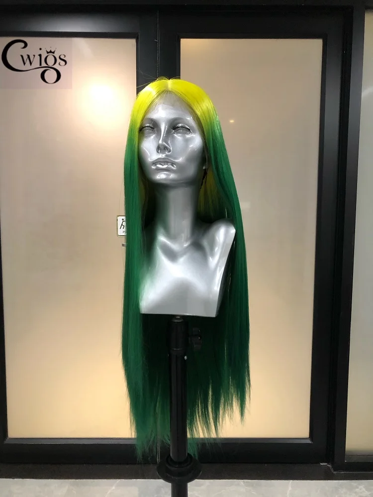 CWIGS Ombre Green Yellow Long Straight Synthetic Wig Lace Front Transparent Glueless 180 Density For Women Drag Queen Cosplay