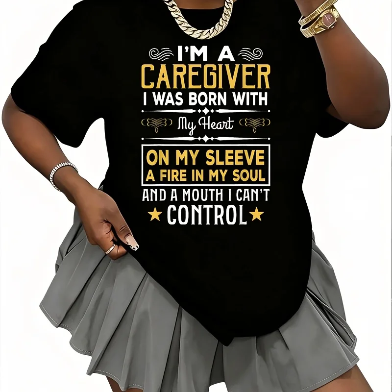 I'M a Caregiver I Was Born with My Heart Funny Caregiver Women's 100% Cotton T-Shirt Short Sleeve Top Casual Round Neck Fun Print Tee S-5Xl