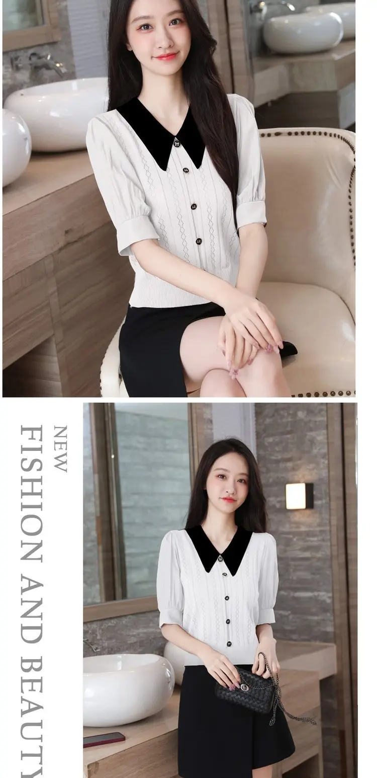 V-neck Ice Silk Short Sleeve Sweater For Women